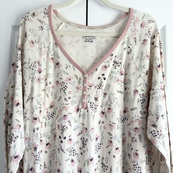 L.L. Bean Women’s 2X Plus Floral Nightgown Long Sleeve Henley Cotton Granny Chic - Picture 8 of 9